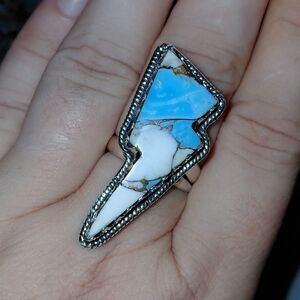 Cotton Candy Turquoise Lightning Bolt Sterling Silver Adjustable Ring